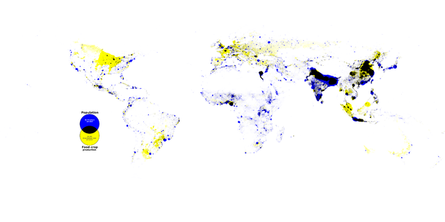 title=food crop production in yellow, population in blue